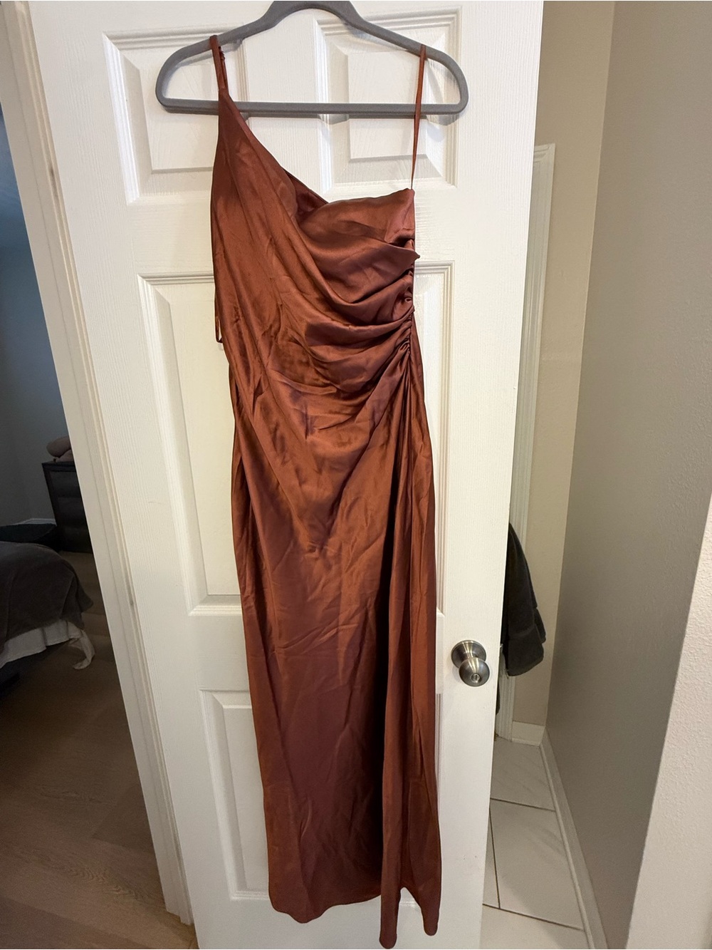 Revelry One-Shoulder Satin Slip Dress in Copper Brown